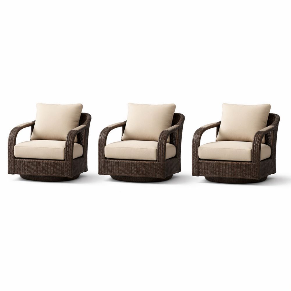 Set of 3 Brown Wicker Swivel Armchairs with Beige Cushions-Auravivian