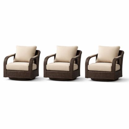 Set of 3 Brown Wicker Swivel Armchairs with Beige Cushions-Auravivian