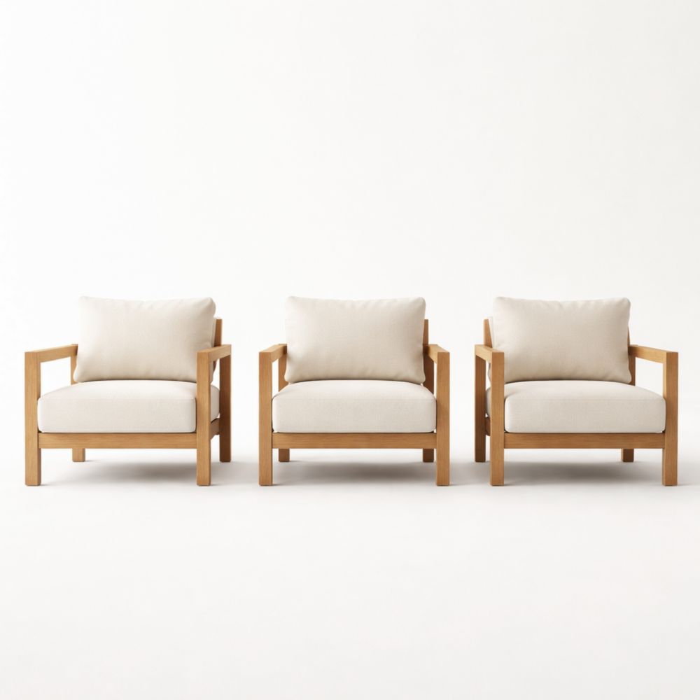 Outdoor Armchair Set of 3 Wood Frame Beige Fabric Upholstery-Auravivian