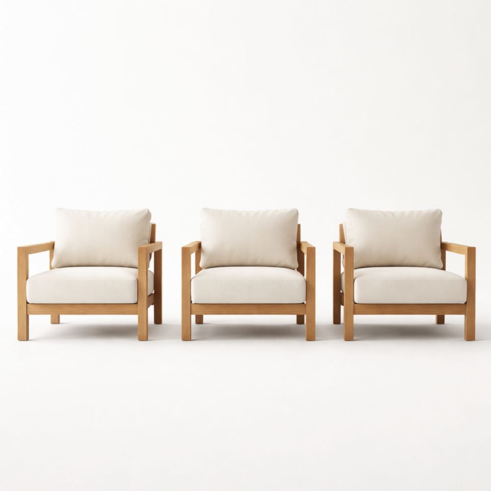 Outdoor Armchair Set of 3 Wood Frame Beige Fabric Upholstery-Auravivian