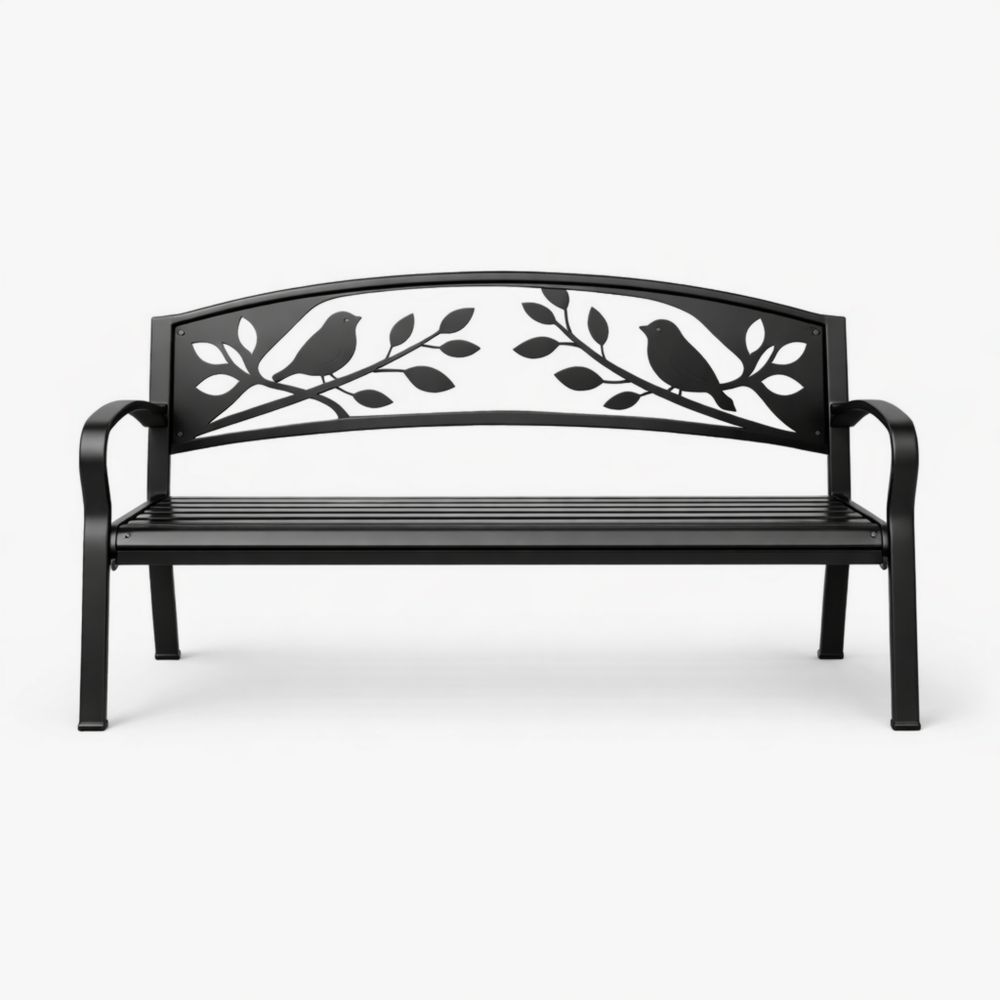 Metal Patio Bench with Bird and Branch Design Black-Auravivian