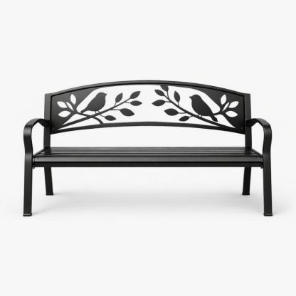 Metal Patio Bench with Bird and Branch Design Black-Auravivian