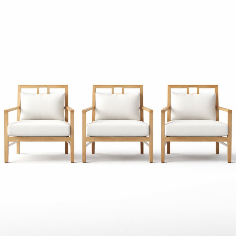Teak Wood Armchair Set with White Cushions-Auravivian