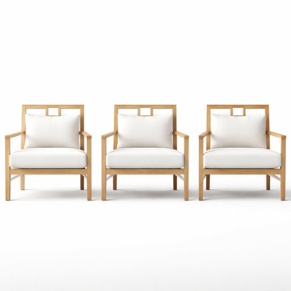 Teak Wood Armchair Set with White Cushions-Auravivian