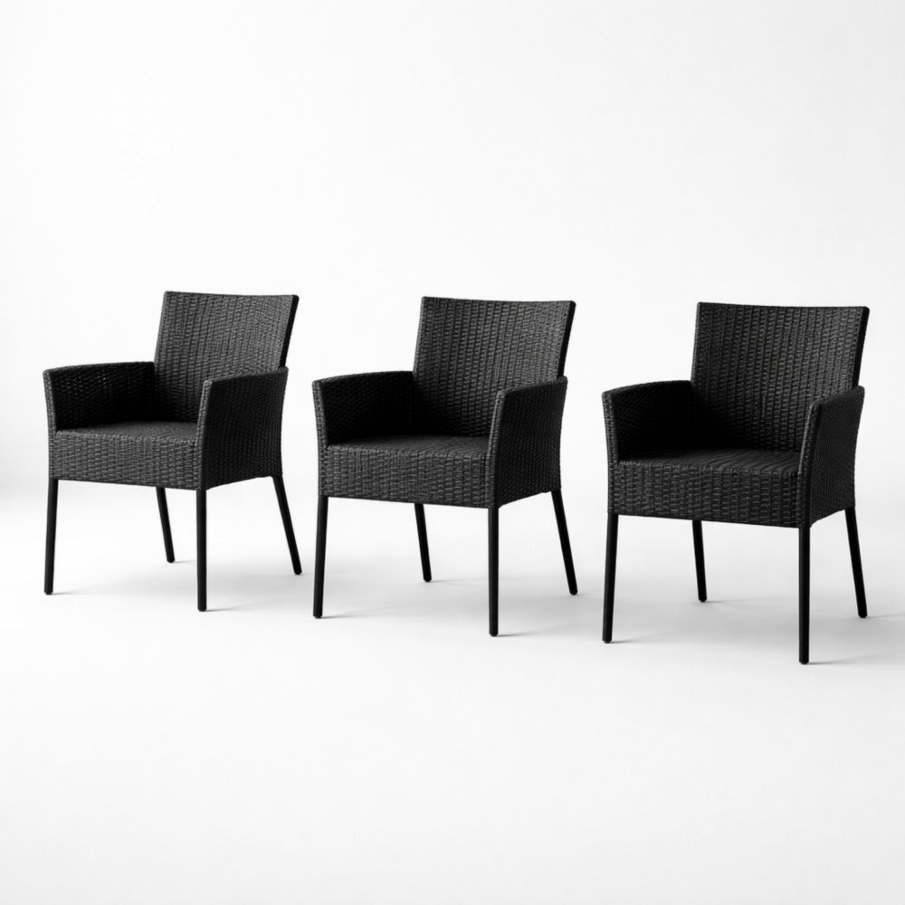 Black Polypropylene Woven Outdoor Dining Chair Set with Steel Frame - Set of 3-Auravivian