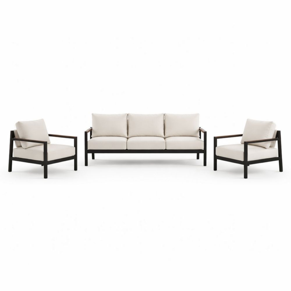 3-Piece Outdoor Sofa Set with Beige Cushions and Black Metal Frame-Auravivian