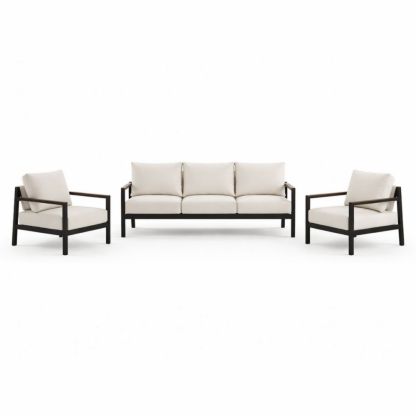 3-Piece Outdoor Sofa Set with Beige Cushions and Black Metal Frame-Auravivian