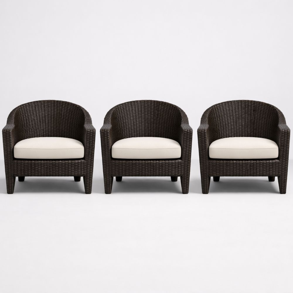 Set of 3 Outdoor Brown Rattan Armchairs with Beige Cushions-Auravivian