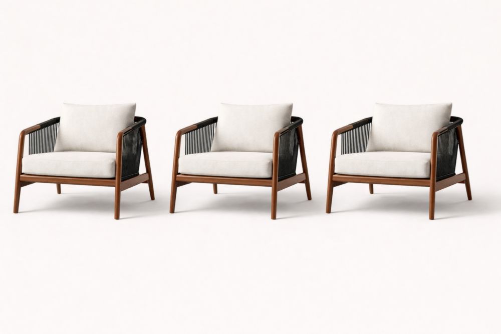 Outdoor Lounge Chair Set of 3 Wooden Frame with Cushions Beige