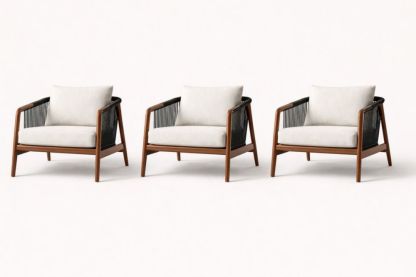 Outdoor Lounge Chair Set of 3 Wooden Frame with Cushions Beige