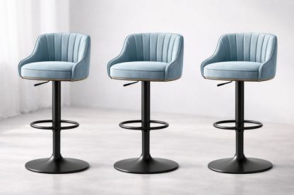 Adjustable Swivel Bar Stools Set of 3 with Velvet Upholstery and Black Metal Base in Light Blue