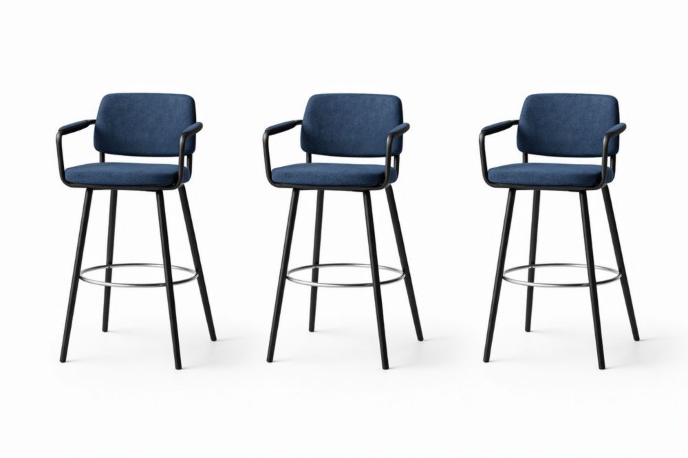 Set of 3 Upholstered Bar Stools with Backrest and Armrests in Blue Fabric and Metal Frame