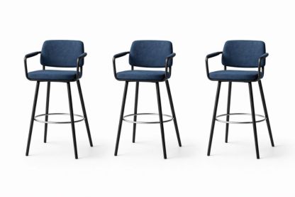 Set of 3 Upholstered Bar Stools with Backrest and Armrests in Blue Fabric and Metal Frame