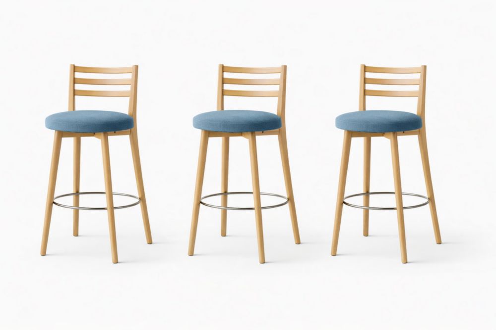 Set of 3 Wooden Frame Bar Stools with Blue Polyester Seats and Swivel Feature