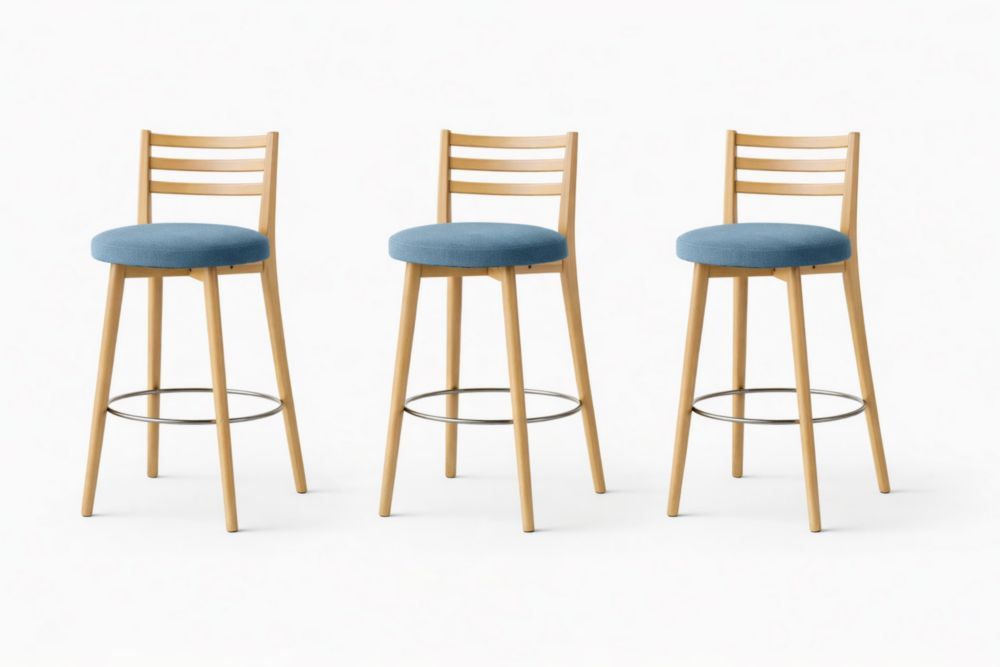 Set of 3 Wooden Frame Bar Stools with Blue Polyester Seats and Swivel Feature