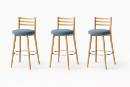 Set of 3 Wooden Frame Bar Stools with Blue Polyester Seats and Swivel Feature