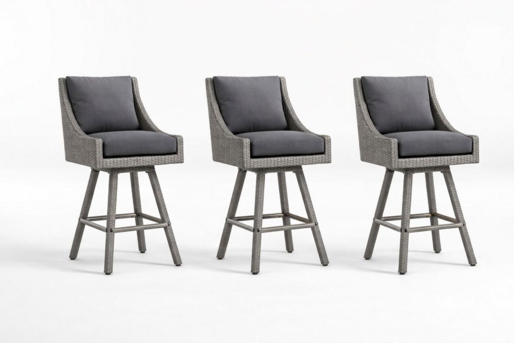 Set of 3 Gray Wicker Swivel Bar Stools with Cushions 115cm