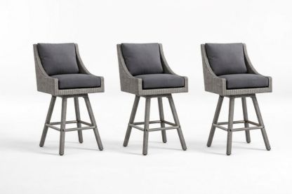 Set of 3 Gray Wicker Swivel Bar Stools with Cushions 115cm