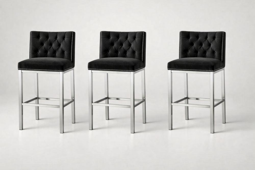 Set of 3 Black Velvet Upholstered Bar Stools with Stainless Steel Frame
