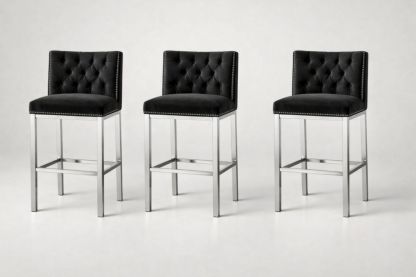 Set of 3 Black Velvet Upholstered Bar Stools with Stainless Steel Frame