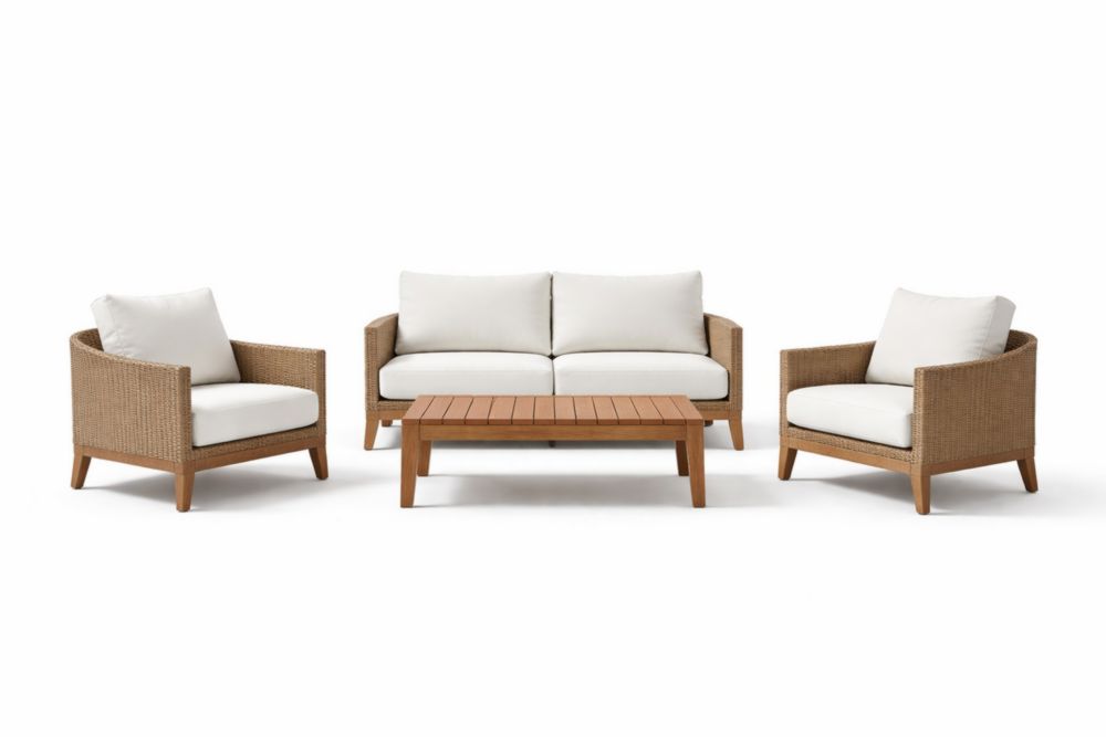 Outdoor Wicker Patio Lounge Set with Cushions and Acacia Wood Table