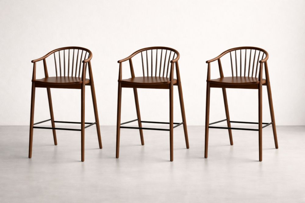 3 Piece Wood Bar Stools Set with Spindle Back and Armrests Brown