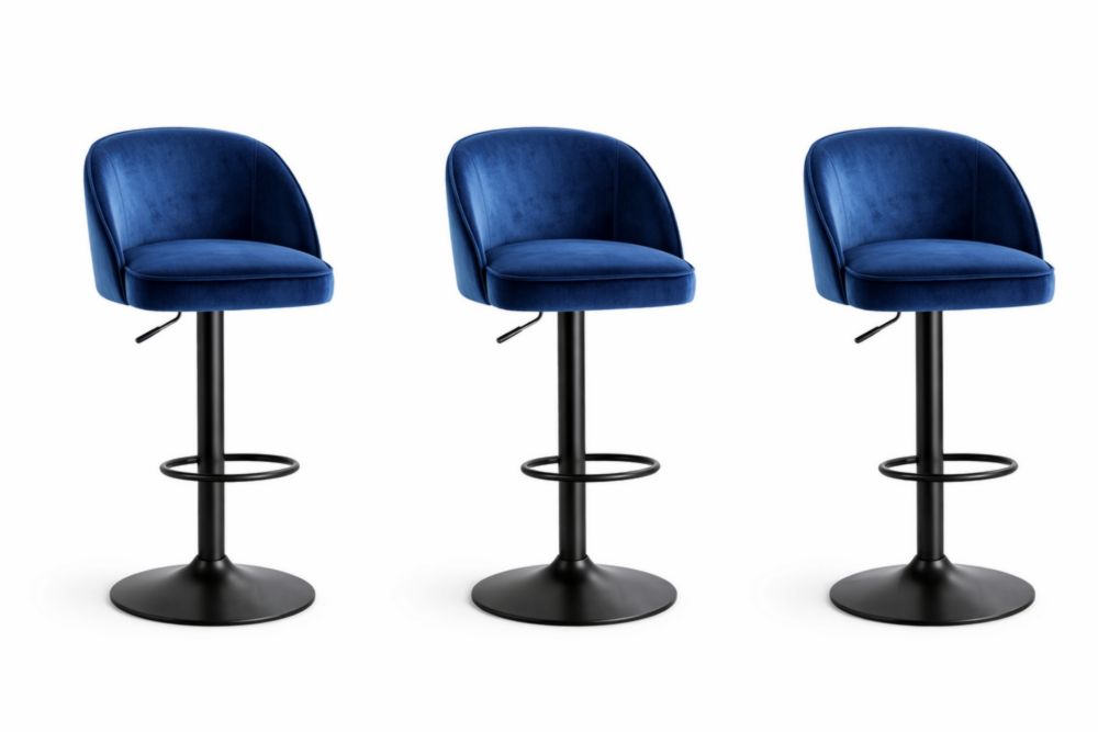 Set of 3 Blue Velvet Adjustable Swivel Bar Stools with Black Metal Base