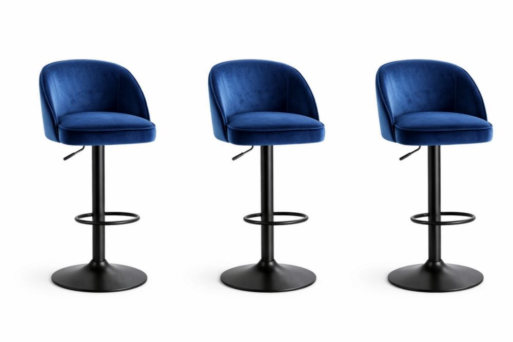 Set of 3 Blue Velvet Adjustable Swivel Bar Stools with Black Metal Base