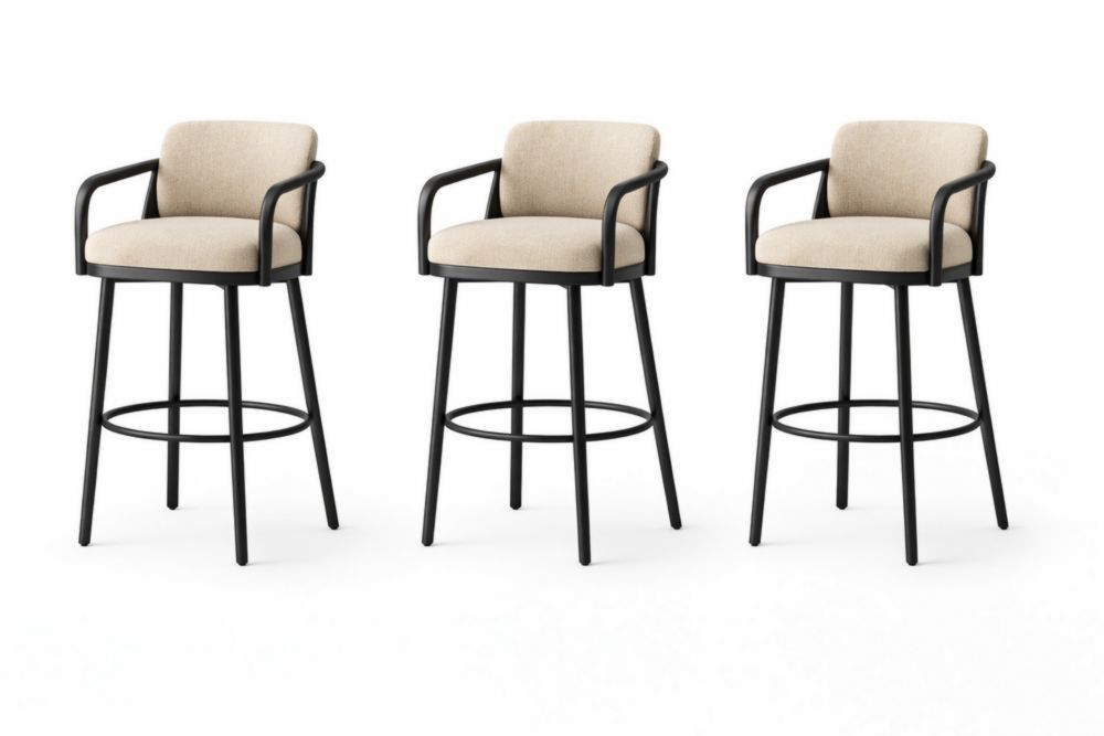 Set of 3 Metal Frame Bar Stools with Polyester Fabric Seat Black and Beige
