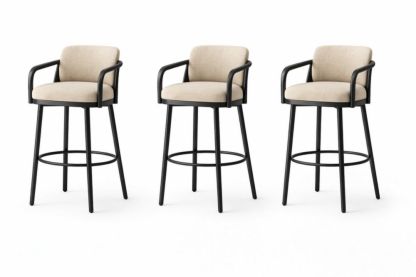 Set of 3 Metal Frame Bar Stools with Polyester Fabric Seat Black and Beige