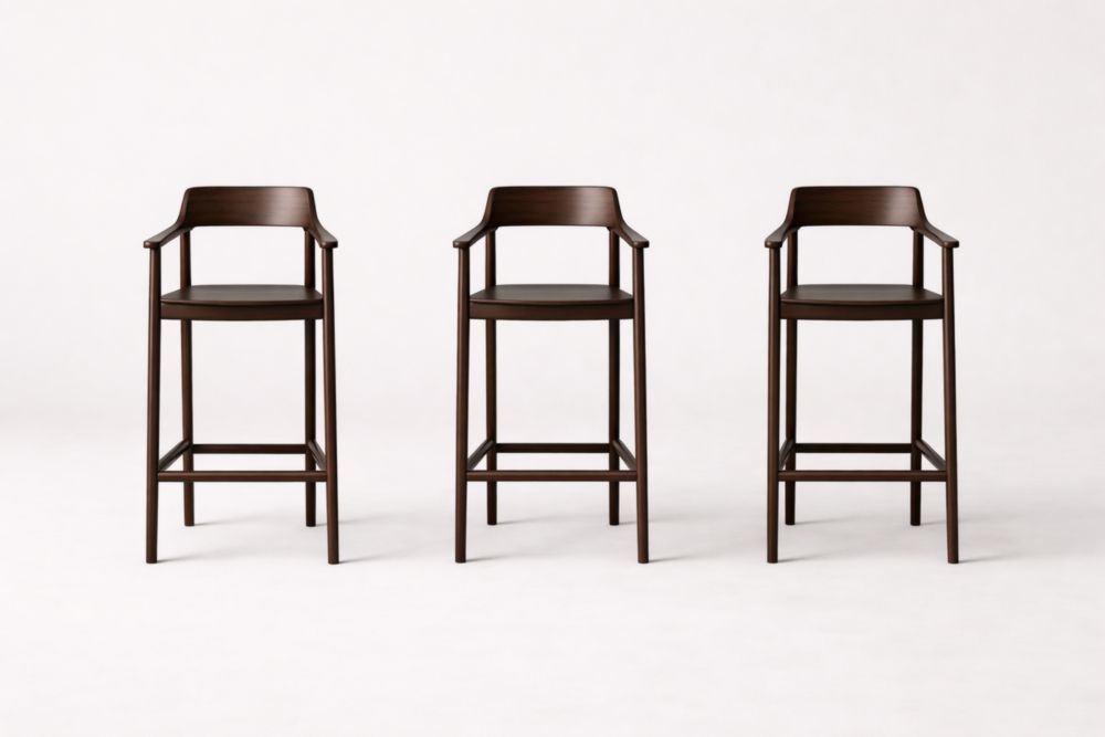 Set of 3 Dark Brown Wood Bar Stools with Armrest and Backrest 105cm Height