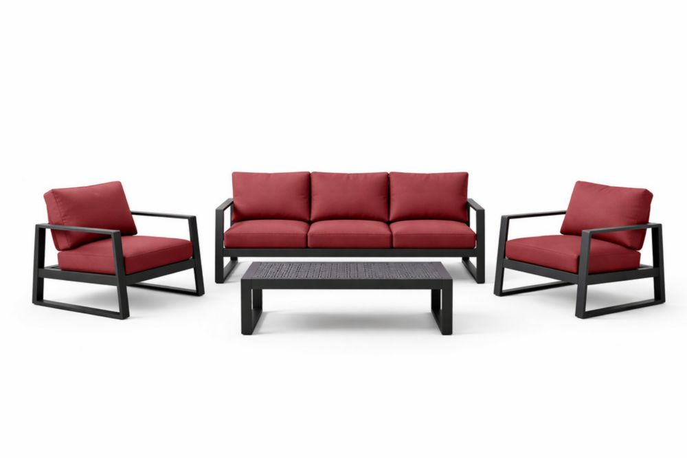 Outdoor Aluminum Frame Lounge Set with Red Cushions, Sofa and Chairs