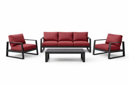 Outdoor Aluminum Frame Lounge Set with Red Cushions, Sofa and Chairs