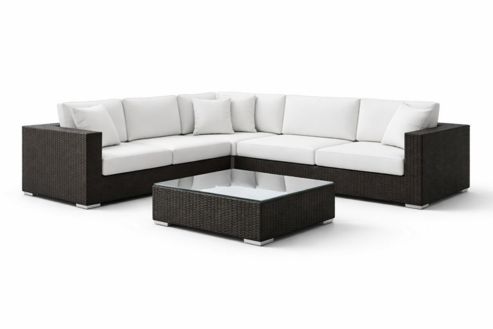 Outdoor L-Shaped Wicker Lounge Set with Cushions and Glass Top Coffee Table, Brown/White