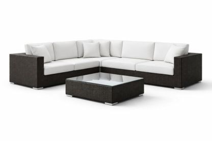 Outdoor L-Shaped Wicker Lounge Set with Cushions and Glass Top Coffee Table, Brown/White