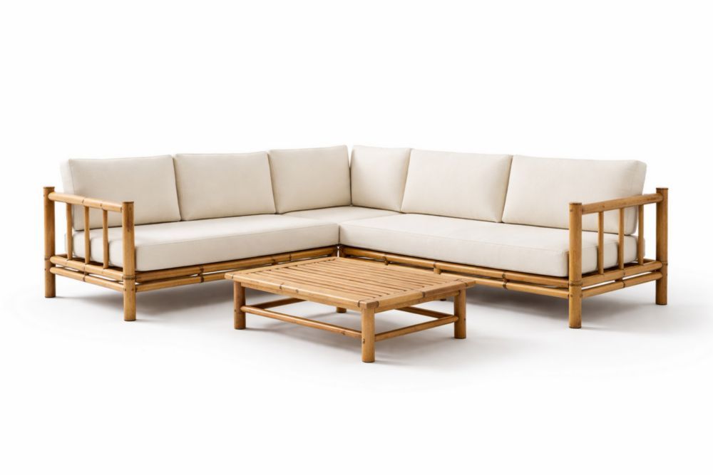 Outdoor Bamboo Corner Lounge Set with Cream Cushions