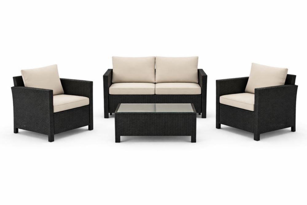 4-Piece Outdoor Black Wicker Lounge Set with Beige Cushions