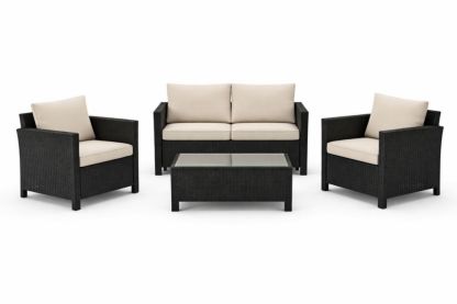4-Piece Outdoor Black Wicker Lounge Set with Beige Cushions