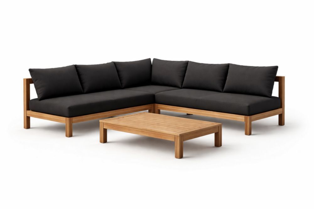 Teak Wood L-Shaped Outdoor Lounge Set with Black Polyester Cushions