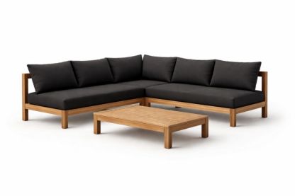 Teak Wood L-Shaped Outdoor Lounge Set with Black Polyester Cushions