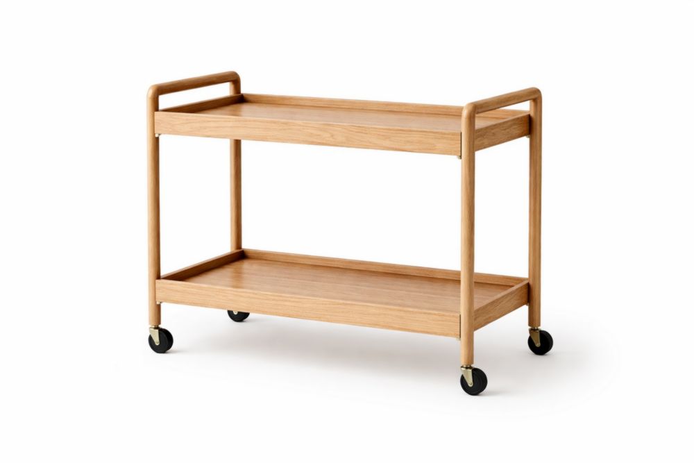Wooden serving trolley with a natural finish, 80 cm in length, featuring two shelves and wheels