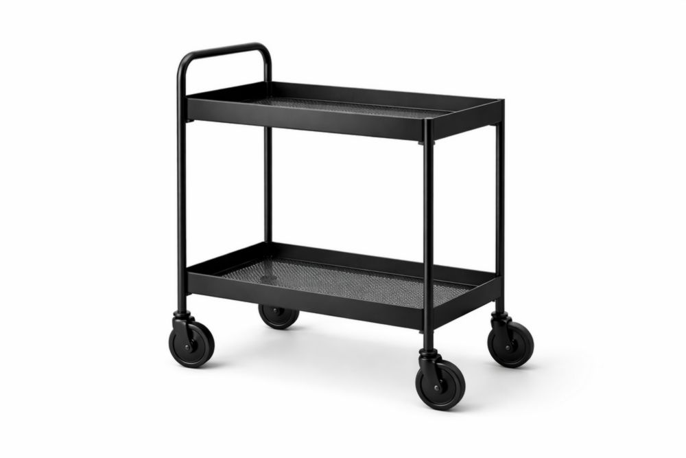 Black two-tier metal rolling serving cart with wheels