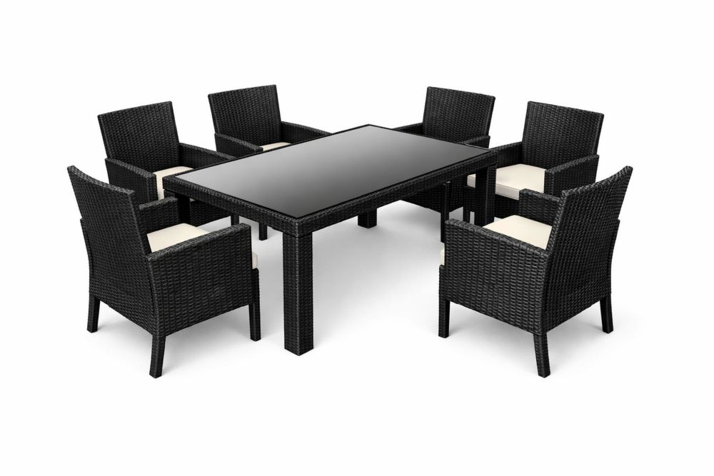 7-Piece Black Rattan Dining Set with Tempered Glass Table and Cushioned Chairs