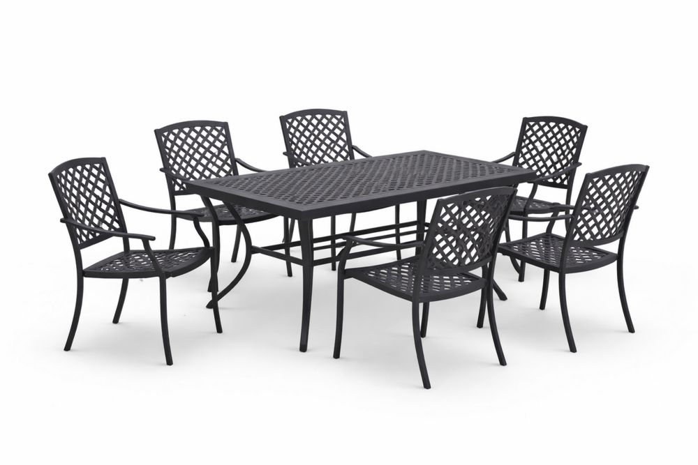 Outdoor Cast Aluminum Dining Set with Table and Six Chairs Black