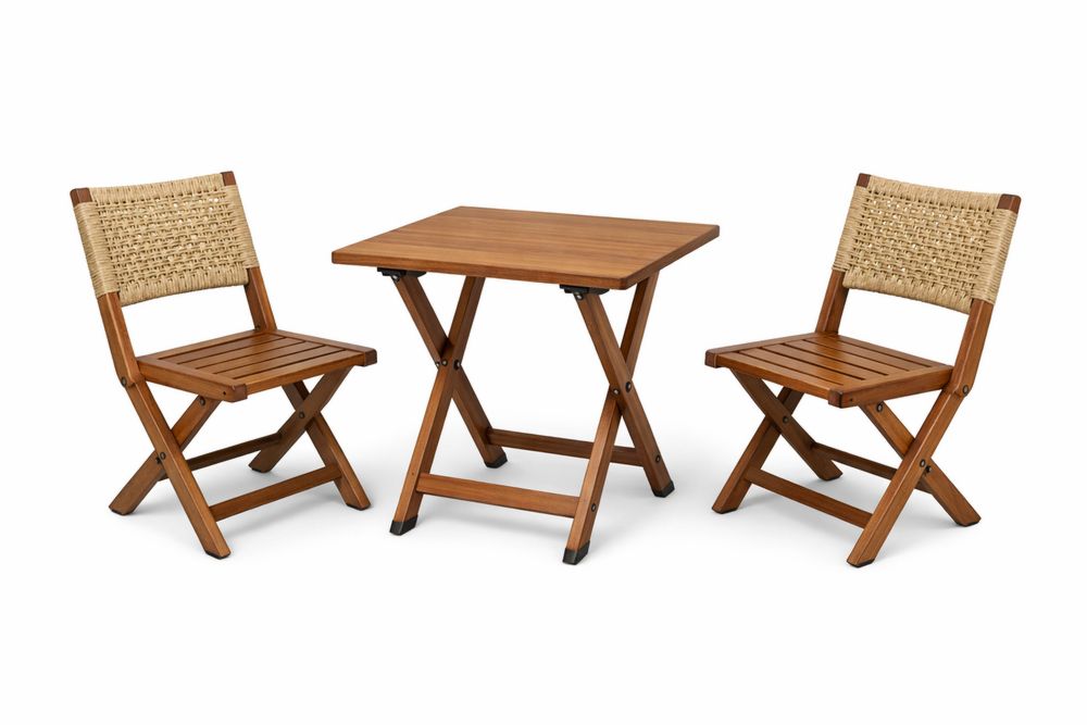 3-Piece Acacia Wood Bistro Set with Woven Rope Back Chairs and Folding Table