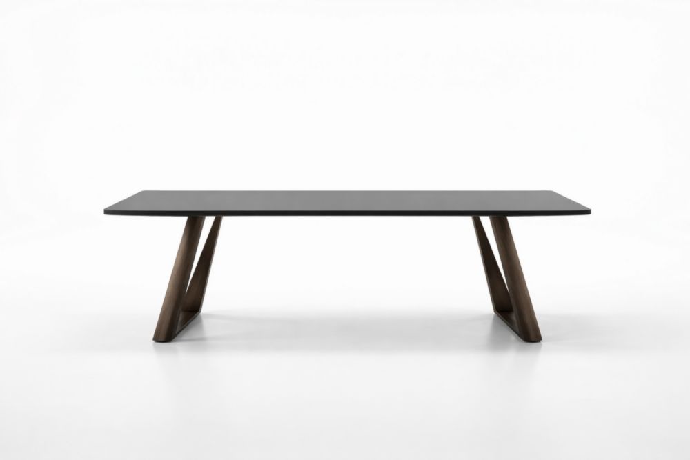 Rectangular Dining Table with Angled Wood Legs, Black Surface, 200cm