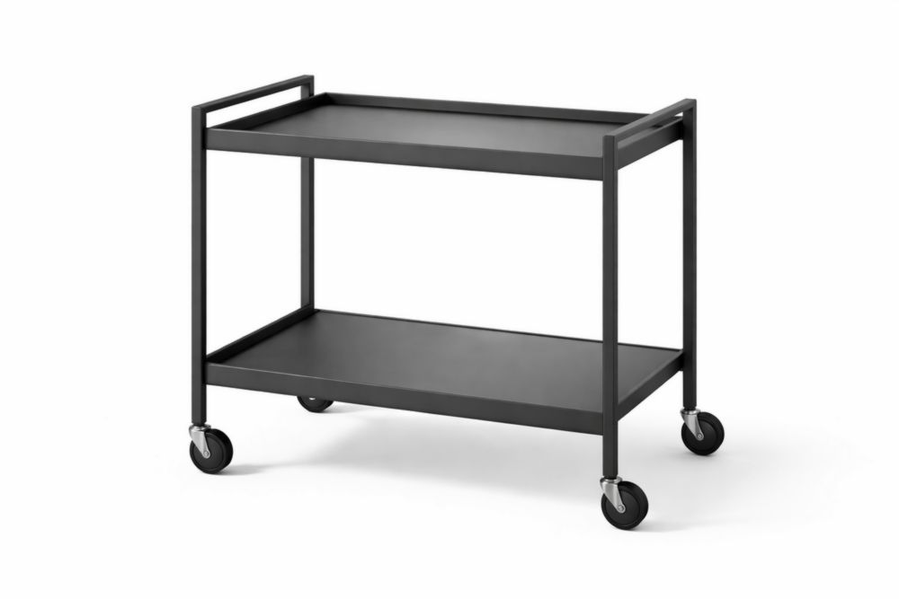 Black metal two-tier mobile serving cart with lockable rubber casters
