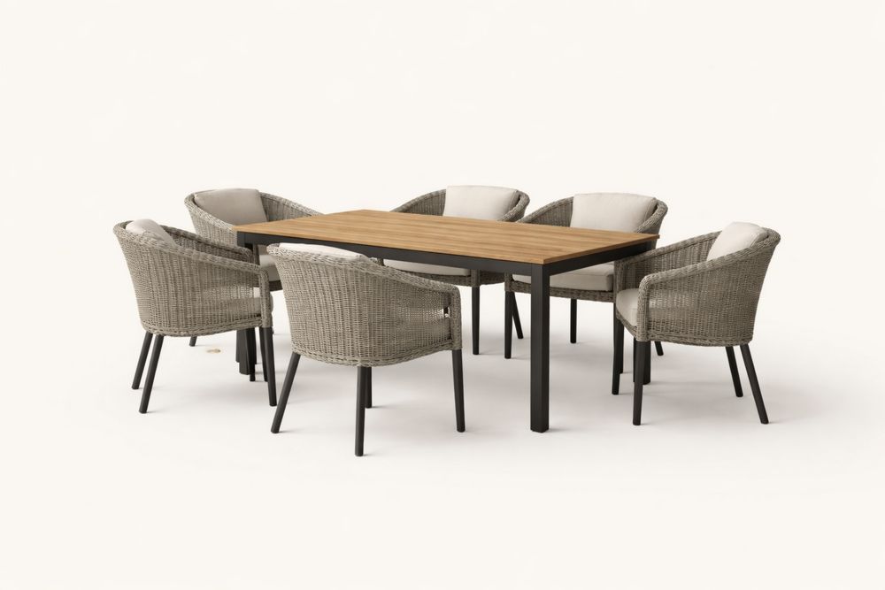 Rattan Wicker Outdoor Dining Set with Rectangular Table and Cushioned Chairs