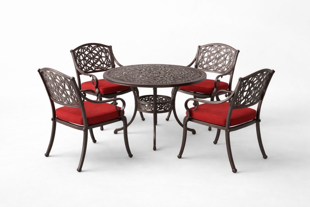 5-Piece Cast Aluminum Outdoor Dining Set with Red Cushions