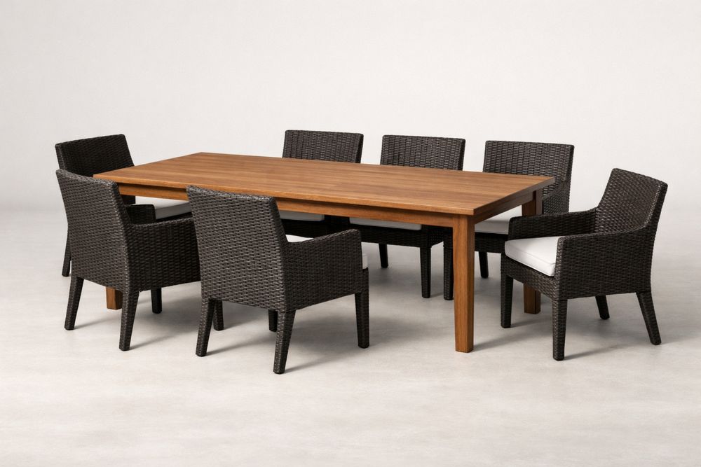 Teak Wood Outdoor Dining Set with Six Wicker Chairs